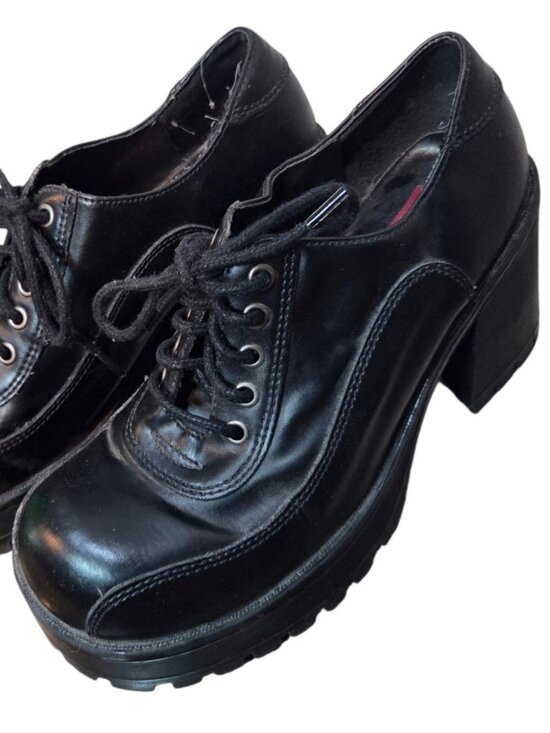 Mudd Shoes - Vintage Mudd Black Faux Vegan Leather Chunky Heel Platform Oxford Sz 7.5 Y2K 90s